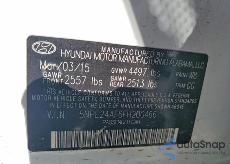 2015 Hyundai Sonata Se z USA, uszkodzony, nr VIN 5NPE24AF6FH200466